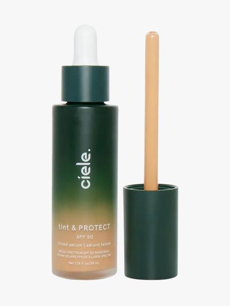 Ciele Tint & Protect SPF 50 Tinted Serum Foundation in branded component on a light gray background
