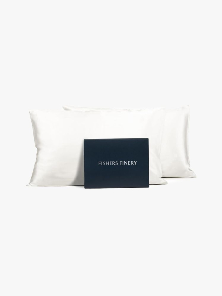 Fishers Finery 100% Pure Mulberry Silk Pillowcase Set in branded components on a light gray background